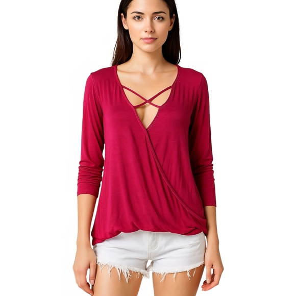 Soho Tops - Soho Deep Red Crisscross V-Neck Blouse